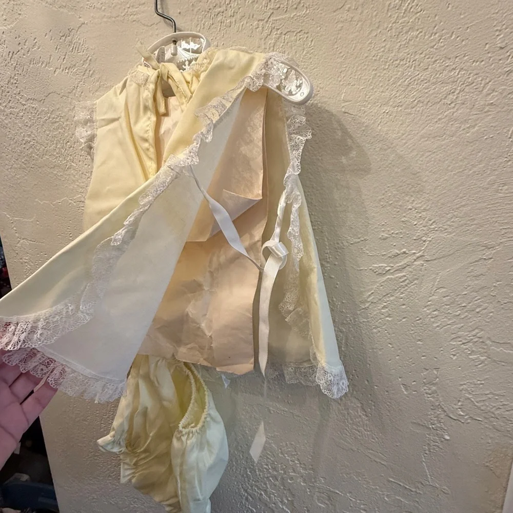 Vintage Sears Fashions for Tiny Tots Pale Yellow Baby Dress with White Lace Trim